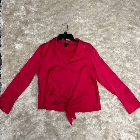 Silky Hot Pink Button-Down Long sleeve Blouse with tie front Women’s Small - Picture 2 of 4